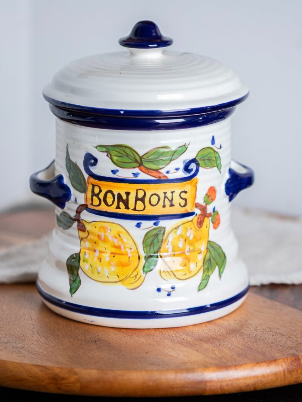 Vintage Hand Painted Bonbons Jar | French Ceramic Candy Canister | Lemon Kitchen